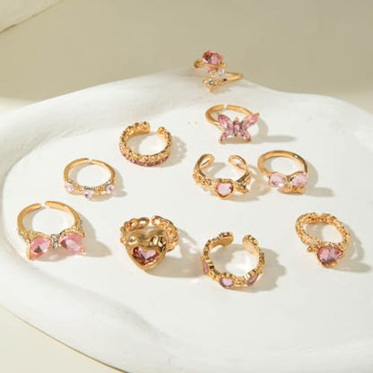 Rrdaily 14K Gold Plated Stackable Knuckle Rings Set for Women Trendy Chunky Simulation Gemstone Signet Rings Dainty Midi Finger Rings Pack Aesthetic Statement Jewelry for Bridesmaid Wedding Gifts - style: 10 Pcs Gold