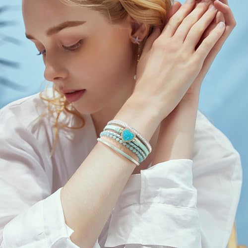 Suyi Multilayer Leather Wrap Bracelet Heart-Shape Wide Bracelets for Women - color: Light Blue 2
