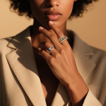 14K Gold Plated Interlocked Stackable Rings for Women Non Tarnish,Gold and Silver Cubic Zirconia Statement Rings Set,Mixed Metals Ring Two-Toned Connected Bands Stacking Jewelry - color: 2*silver rings & 1*gold ring