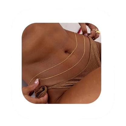 14K Gold Plated Silver Waist Chain, Layered Belly Belt, Waterproof Snake Cuban Body Chain for Women, Summer Beach Jewelry Accessories - color: 03 gold