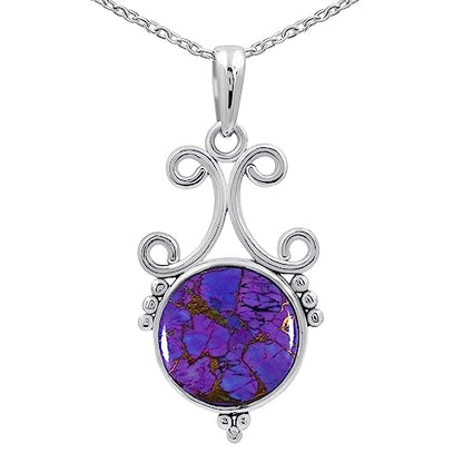 Natural Round Gemstone Pendant Necklace for Women, 925 Sterling Silver | Solitaire Birthstone Jewelry With 18 Inch Chain, Handmade Semi Precious Stone Pendant, Jewelry Gift for Mom, Wife & Sister - color: Purple Copper Turquoise