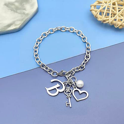 Initial A-Z Bracelets Gift for Women Girls Stainless Steel Chain Bracelet 26 Alphabet Jewelry Gifts for Birthday Anniversary Letter Bracelet Monogram Gifts for Sister Friend Girlfriends Mom 8.26 Inch - color: B