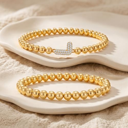 Initial Stack Bracelet Set for Women Trendy 14K Gold Plated Beaded Stackable Stacking Stretch Name Bracelets Dainty Friendship Waterproof Charm Cute Birthday Jewelry Gifts for Women - color: Initial L