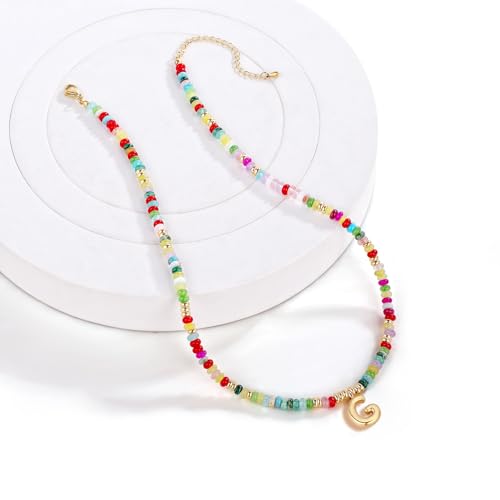 YOUFENG Initial Letter Necklaces for Women Colorful Beaded Gemstone Choker 14K Gold Plated Bubble Letter Pendant Necklace Natural Stone Handmade Jewelry Gift - color: G