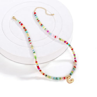 YOUFENG Initial Letter Necklaces for Women Colorful Beaded Gemstone Choker 14K Gold Plated Bubble Letter Pendant Necklace Natural Stone Handmade Jewelry Gift - color: G