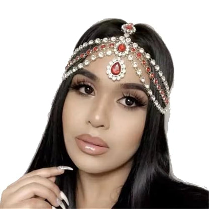 Bohemian Full Rhinestone Chain Red Crystal Head Chain Clip Drop Pendant HeadPieces Forehead Headband Hair Accessories for Wedding Brides Party Prom Costume (Gold Red) - color: Gold Red