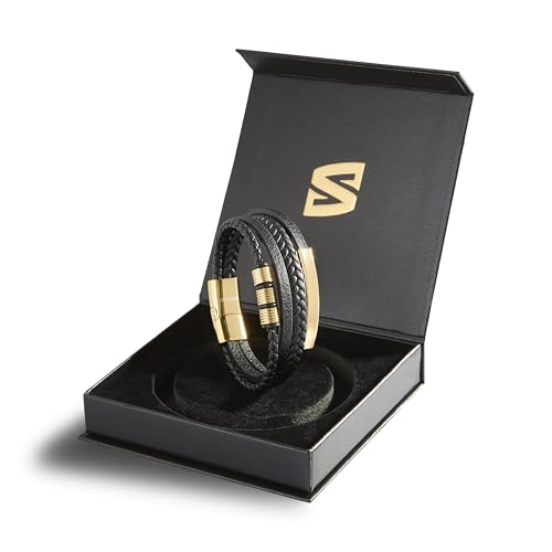 SERASAR Premium Leather Bracelet Men | Stainless Steel Magnetic Clasp | Three Colors | Jewelry Box Included - color: Gold, size: 17cm, style: Brave