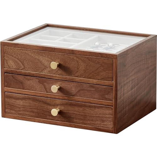 Black Walnut Wooden Jewelry Box Women large 3 Layer Drawer Organizer Box with Glass Lid for Necklaces, Watch, Necklace, Ring, Earring Storage, Ideal Gift - style: 3 Layer