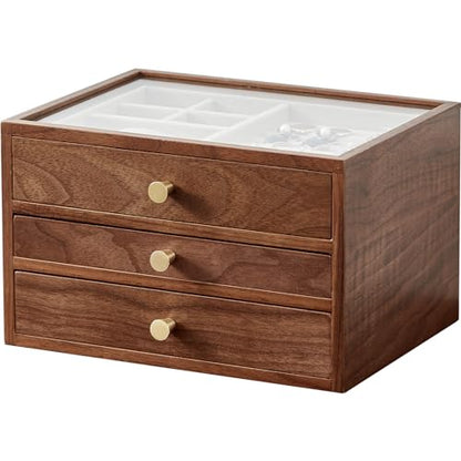 Black Walnut Wooden Jewelry Box Women large 3 Layer Drawer Organizer Box with Glass Lid for Necklaces, Watch, Necklace, Ring, Earring Storage, Ideal Gift - style: 3 Layer