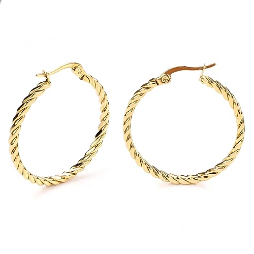Cable Hoop Earring for Women Light-Weight Twisted Italian Design Round Hoop Earrings Diameter 25mm - color: gold