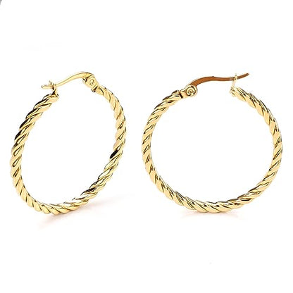 Cable Hoop Earring for Women Light-Weight Twisted Italian Design Round Hoop Earrings Diameter 25mm - color: gold