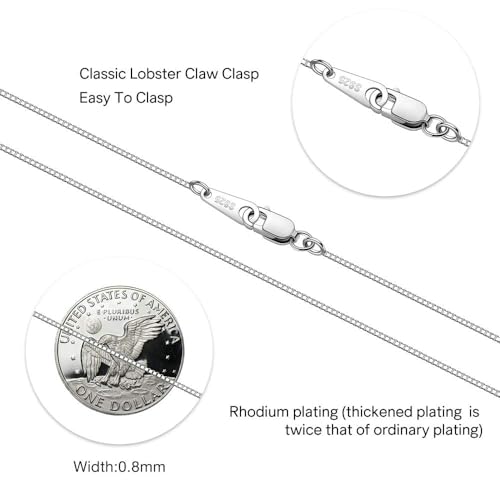 925 Sterling Silver Chain Necklace for Women 0.8mm Box Chain, Italian Necklace Chain, Super Strong & Thin & Long16/18/20/22/24 Inches - color: White Gold, size: 19 Inch