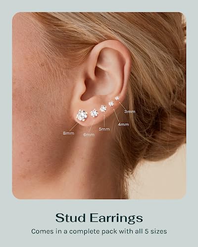 PAVOI Waterproof Stud Earrings for Women, 14K Gold Plated CZ Set of 5 | Hearts and Arrows Cubic Zirconia, Hypoallergenic Earrings, Earrings for Men and Women, Everyday Studs - style: White Gold