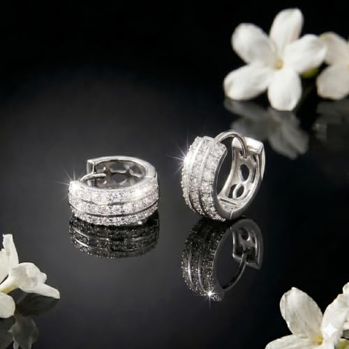 14K Rose Gold Plated Three Row Cubic Zirconia Small Huggie Hoop Earrings Fashion Jewelry for Men Women - color: white2