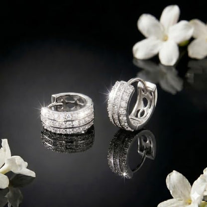 14K Rose Gold Plated Three Row Cubic Zirconia Small Huggie Hoop Earrings Fashion Jewelry for Men Women - color: white2