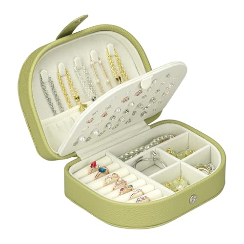 Travel Jewelry Case for women, Small Travel Jewelry Box | Pink Leather Double-Layer Portable Jewlery Organizers Box, Mini Travel Jewelry Organizer for Stud Earrings, Rings, Necklaces - color: Olive Green