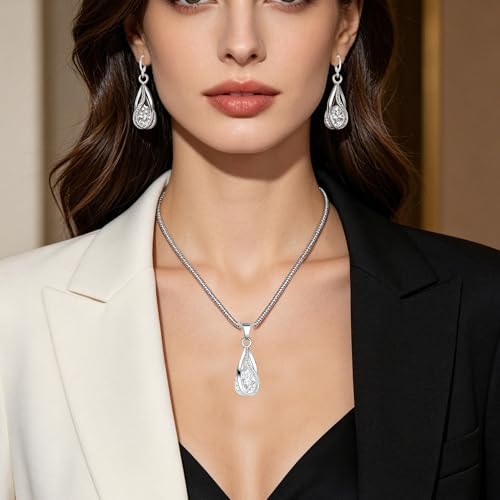 Crystal Jewelry AlloyTeardrop Pendant Necklace Drop Earrings Set Elegant Sapphire Color Jewelry for Women - color: White
