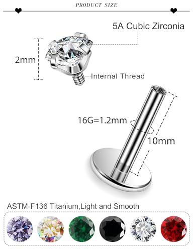 16G ASTM F136 Titanium Surgical Steel Internal Thread Flat Back Studs Earrings Lip Rings Labret Medusa Helix Tragus Cartilage Earring stud Piercing Jewelry for Women Men Silver Black Gold - style: 16g/2mm Mix cz/Titanium 10mm