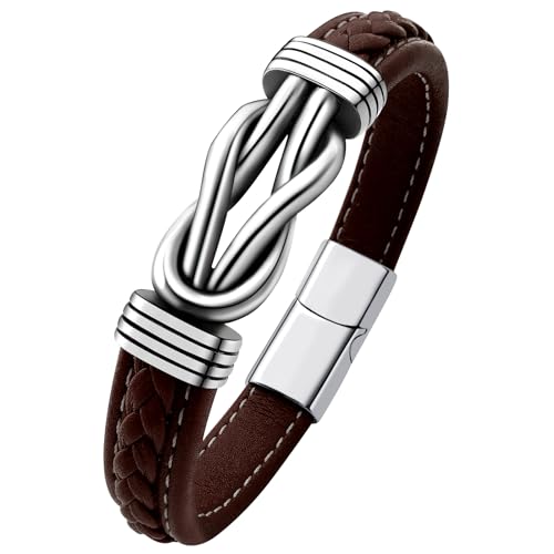 Mens Black Braided Leather Bracelet, Green/Red/Brown/Black Braided Leather Infinity Knot Bracelets for Men with Stainless Steel Clasp, 7.5/8.5/9in Length - color: 03-Brown