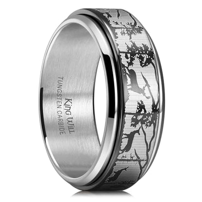 King Will Mens 6mm 8mm Tungsten Carbide Wedding Bands Inlay Lasered Brushed Wedding Rings for Men Women | Brushed, Lasered Seagull/Forest Landscap/Panda/Deer/Hunting/Fly Fishing, Comfort Fit, Everyday Wear - color: Deer Family