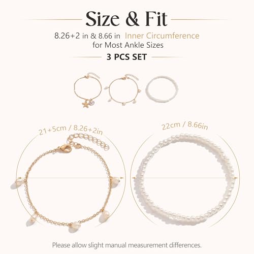 Fesciory Shell Ankle Bracelets for Women, Gold Plated Boho Beach Anklet Set | Adjustable Pearl Bead Anklet Set with Starfish, Conch and Seashell Charms for Beach Outfits, Vacations, Parties and Gifts - color: Gold-6