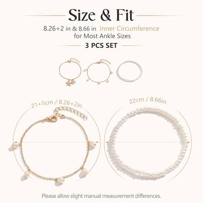 Fesciory Shell Ankle Bracelets for Women, Gold Plated Boho Beach Anklet Set | Adjustable Pearl Bead Anklet Set with Starfish, Conch and Seashell Charms for Beach Outfits, Vacations, Parties and Gifts - color: Gold-6