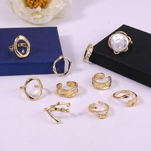 CSIYANJRY99 Gold Silver Rings Set for Women Trendy Irregular Chunky Gold Ring Baroque Pearl Rings Stackable Statement Knuckle Ring Jewelry - color: E-Gold