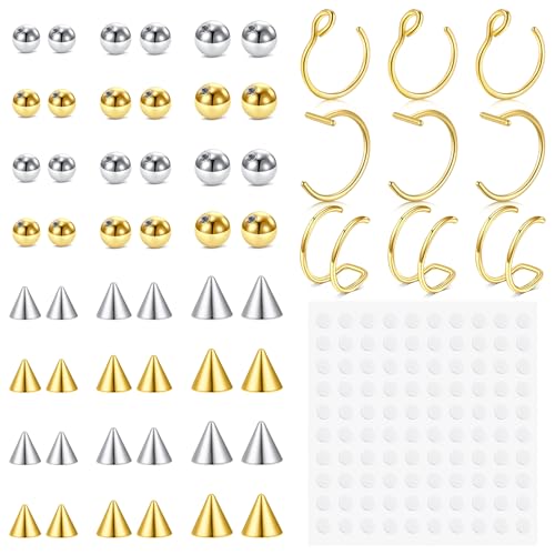 Fake Eyebrow Ring Fake Lip Labret Studs Replacement Balls Spike with 100pcs Sticker Non-Piercing Body Jewelry Fake Skin Piercing - color: A2 -Silver + Gold