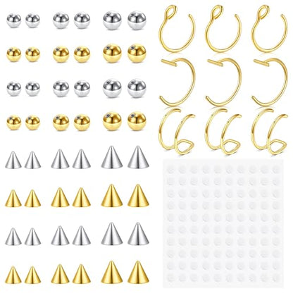 Fake Eyebrow Ring Fake Lip Labret Studs Replacement Balls Spike with 100pcs Sticker Non-Piercing Body Jewelry Fake Skin Piercing - color: A2 -Silver + Gold
