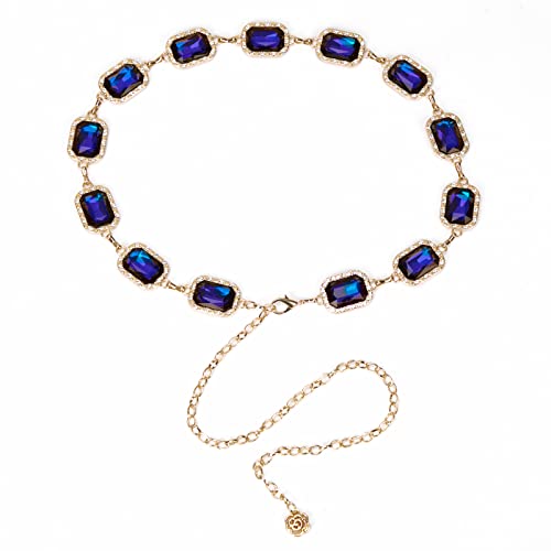 ILuvatar Green Glass Diamond Chain Belt - Metal Women's Western Style Dress Belt - color: Gold-s-blue