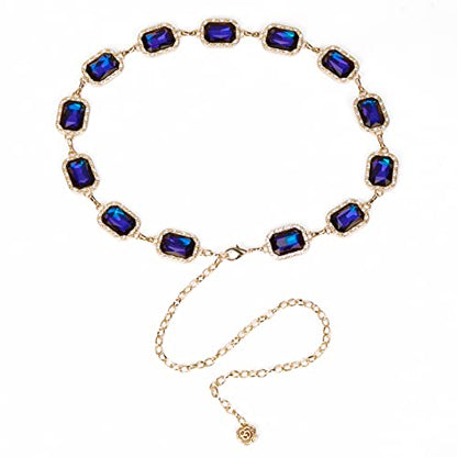 ILuvatar Green Glass Diamond Chain Belt - Metal Women's Western Style Dress Belt - color: Gold-s-blue