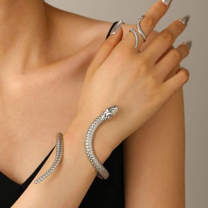 Gold/Silver Snakes Jewelry for Women Goth Snake Bracelet Ring Set Open Adjustable Snake Ring Halloween Prom Jewelry Costume Accessories Emo Accessories - color: Silver1