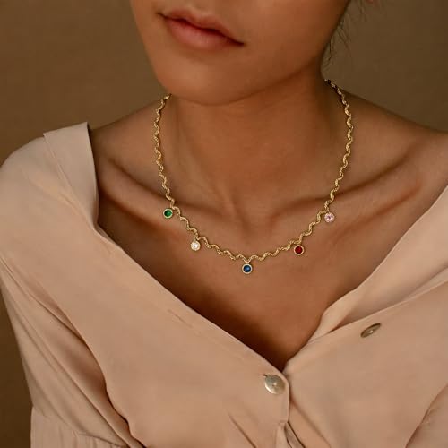 Hipunk Women Gold Plated Stainless Steel Wave Rope Chain Collar Necklace with Colorful Zirconia Flower Heart Charms Choker, Adjustable 16+2 Inch - color: round