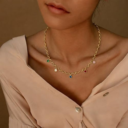 Hipunk Women Gold Plated Stainless Steel Wave Rope Chain Collar Necklace with Colorful Zirconia Flower Heart Charms Choker, Adjustable 16+2 Inch - color: round