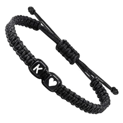 Valentines Day Gifts for Him Her Heart Love Letter Initial Matching Couple Bracelets for Women Men Teen Gifts Best Friend Graduation Birthday Gifts A-Z Braided Bracelet Son Daughter Dad Jewelry - color: Black-K