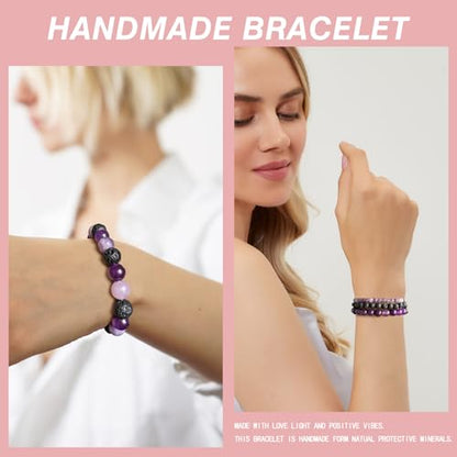 Vinswet 4pcs Beaded Bracelets for Women,Natural Healing Crystal Gemstones Bracelet,Anxiety Stress Relief Bracelet Handmade purple Jewelry Gifts for Women - color: Lepidolite&Lava Rock&Amethyst