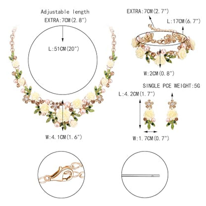 EVER FAITH Costume Jewelry Crystal Simulated Pearl Rose Flower Leaf Prom Party Statement Necklace Earrings Bracelet Set for Women - color: Brown Gold-Tone