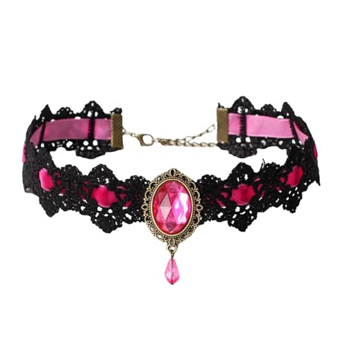 Atiptu Gothic Lace Choker Necklace for Women Black Lace Choker Necklace Vintage Red Crystal Pendant Necklaces Vampire Necklaces Halloween Costume Accessories - color: Rose Red