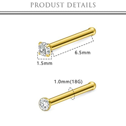 Hoeudjo Nose Studs Surgical Steel Cubic Zirconia Nose Rings Kit for Women Men Tiny Nose Stud Screw & Bone & L Shaped Nostril Piercing Jewelry 24-18 Gauge 20 Pieces Set - color: gold-tone,nose bone studs, size: 18g/1.5mm clear CZ