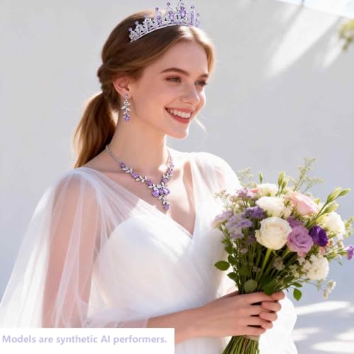 Kamirola Women's Wedding Jewelry Leaf Cluster Flower Crystal Dangle Earrings Pendant Necklace Set for BridalCrystal Bridal Jewelry Set - color: Silver Purple