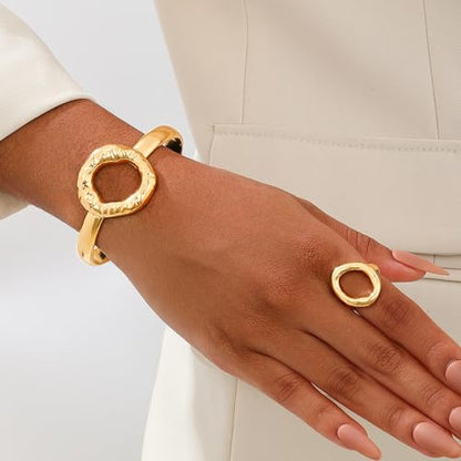Gold Bangle Ring Set for Women Chunky Statement Jewelry Set Geometric Bangle Bracelet And Ring Minimalist Daily Wear Party Jewelry Gift - color: Gold B