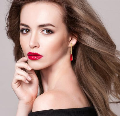 VONSSY Austrian Crystal Teardrop Drop Dangle Earrings Gold Plated Silver Post Zircon Gemstone Jewelry Gift for Woman Girlfriend Mom Wife - color: Red