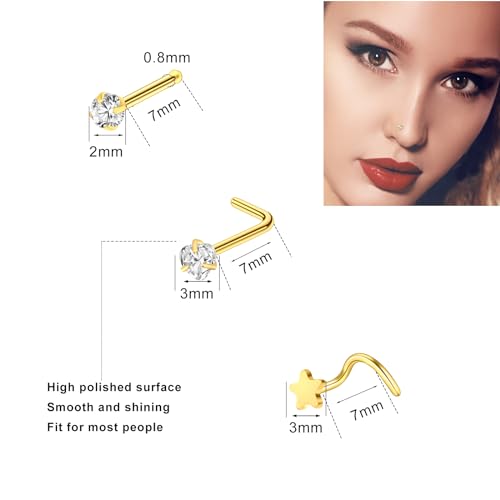 27-60 Pcs Nose Rings for Women Nose Piercing Jewelry Silver Nose Rings Studs 20G Surgical Nose Rings Hoops Nose Rings L Shaped Studs Screw Stainless Steel Nose Piercings for Women Men - color: gold-20G-21 pcs