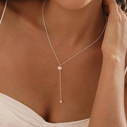 Pearl Necklace for Women, Dainty Pearls Choker Necklace for Women 14K Gold Plated Layered Pendant Necklace Handmade Gold Chain Necklace Everyday Jewelry Gift - color: Y Two Pearls-Gold