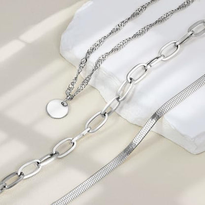 Layered Necklaces for Women,14k Gold Plated Dainty Necklace Stack Set Non Tarnish Adjustable Silver Stainless Steel CZ Heart Circle Pendant Paperclip Choker Herringbone Snake Chain Jewelry - style: Circle Layered Necklace-Silver