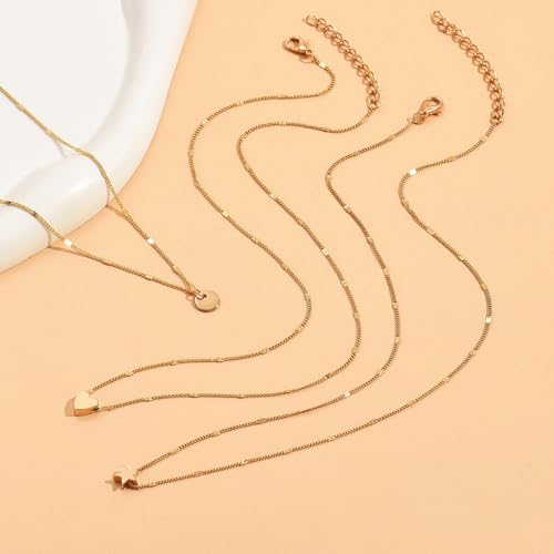 Layered Gold Heart Star Pendant Necklaces Set for Women Stackable Love Coin Chain Necklaces Adjustable Pentagram Choker Necklaces Jewelry Accessories