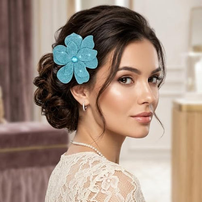 3.74 Inches Rhinestone Camellia Flower Brooch Pins & Hair Clips for Women Elegant Created Crystal Lapel Pin Brooches Wedding Party - color: Blue