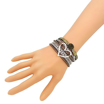 Womens Love Heart Leather Wrap Bracelet Multi-layer Stacked Bangle | Magnetic Clasp Soft PU Leather Resin Stone Rhinestone Boho Style Birthday Valentine Christmas Bohemian Jewelry Gift - color: Grass Green