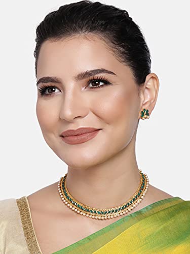 Aheli Ethnic Faux Kundan Pearl Fancy Bridal Choker Necklace Indian Traditional Bollywood Jewelry Set with Earrings Gift for Women - color: Green & White
