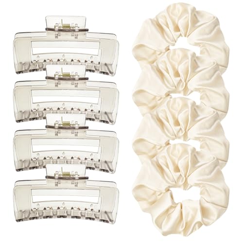 8Pack Hair Clips Scrunchies Set, 4 Medium Claw Clips for Women, Non-Slip Hair Claws, 4 Large Satin Scrunchies, Hair Accessories Set for Thick Thin Hair, Daily Use (Clear) - color: Clear